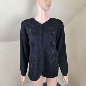 Arlette Nastat Black Embroidered Wool Blend Cardigan Made in Italy Women’s L